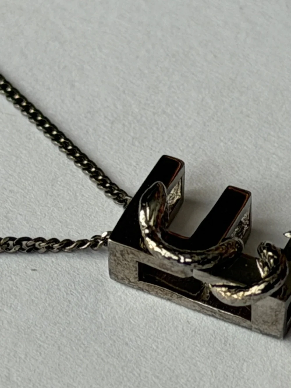 Saint Laurent YSL Sterling Silver E Initial Letter Snake Pendant Chain Necklace